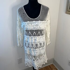 Mariaretto ivory lace crochet embroidered 3/4 sleeves 109% cotton cover up top M